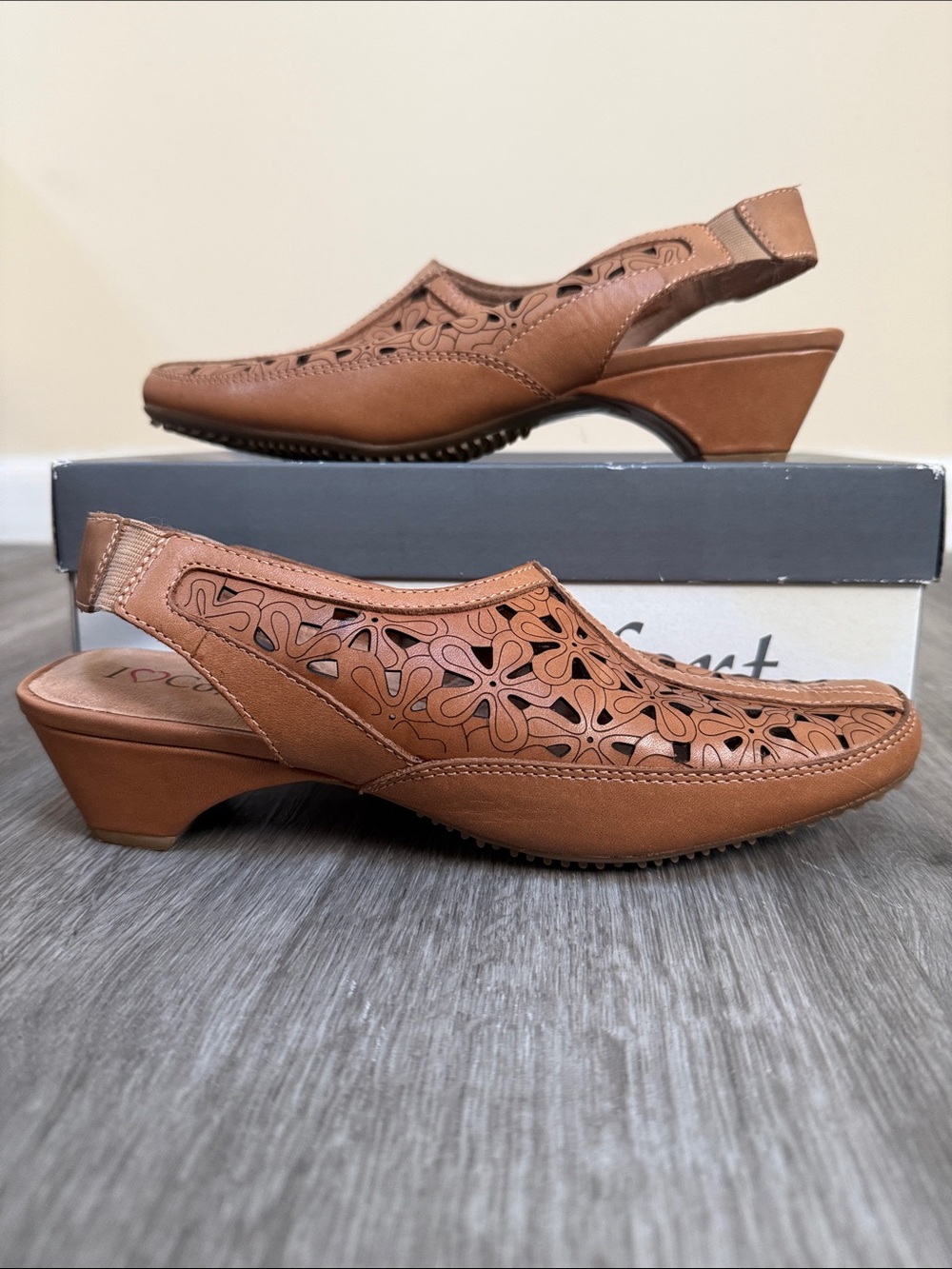 I Love Comfort Tan Slingback Mules Cutout Leather Approx. 1.5 in. Heel